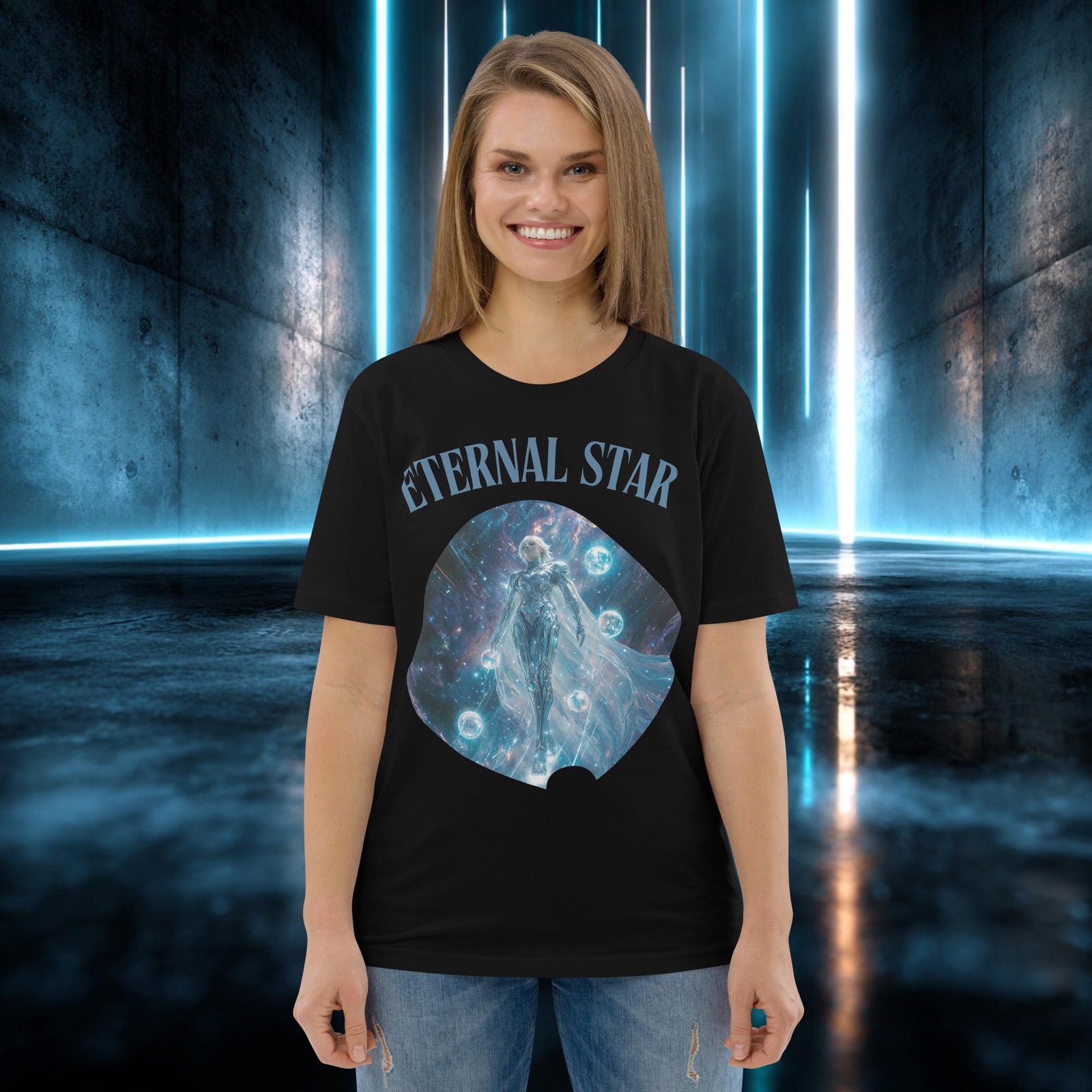 Camiseta orgánica con diseño Estrella Eterna — detalle del estampado