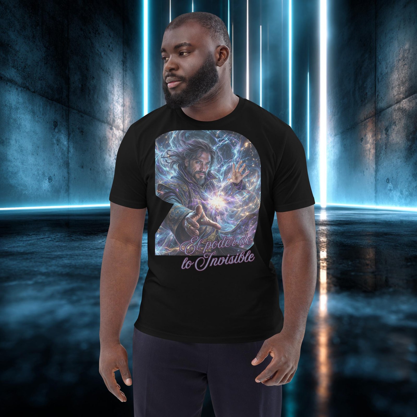 Camiseta orgánica con diseño El Poder de lo Invisible — detalle del estampado