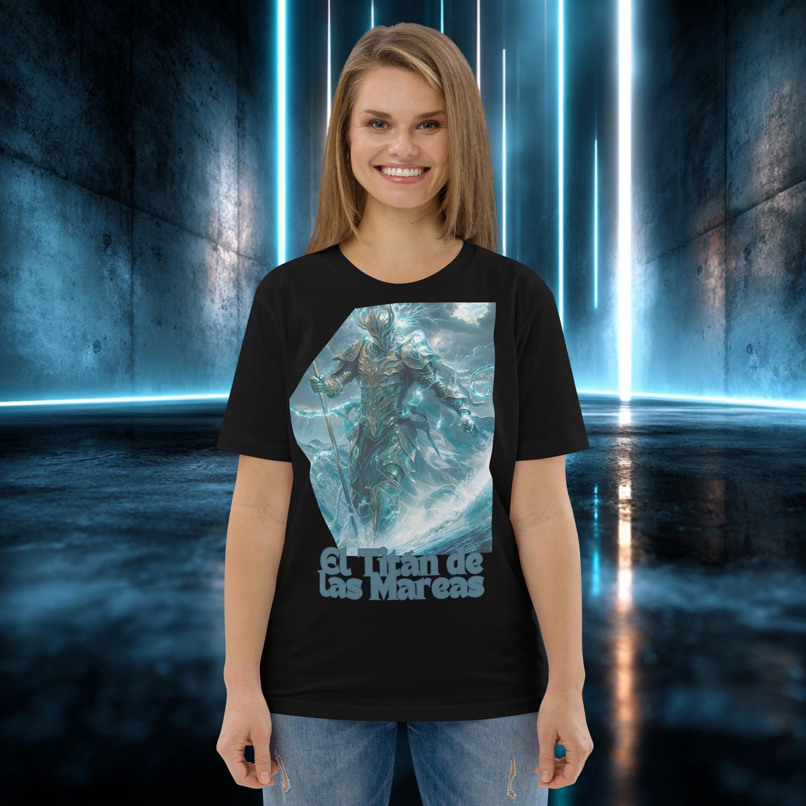 Camiseta orgánica con diseño El Titán de las Mareas — detalle del estampado