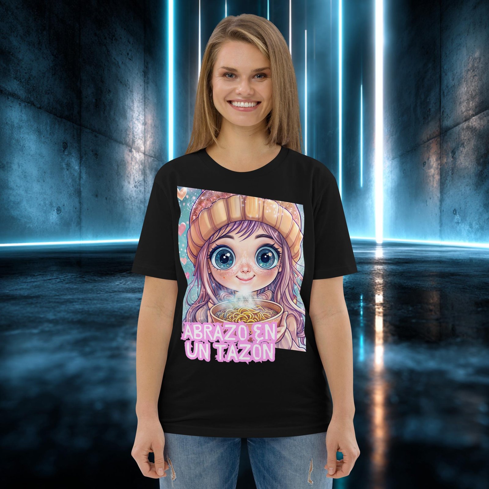 Camiseta orgánica con diseño Abrazo en un Tazón — detalle del estampado