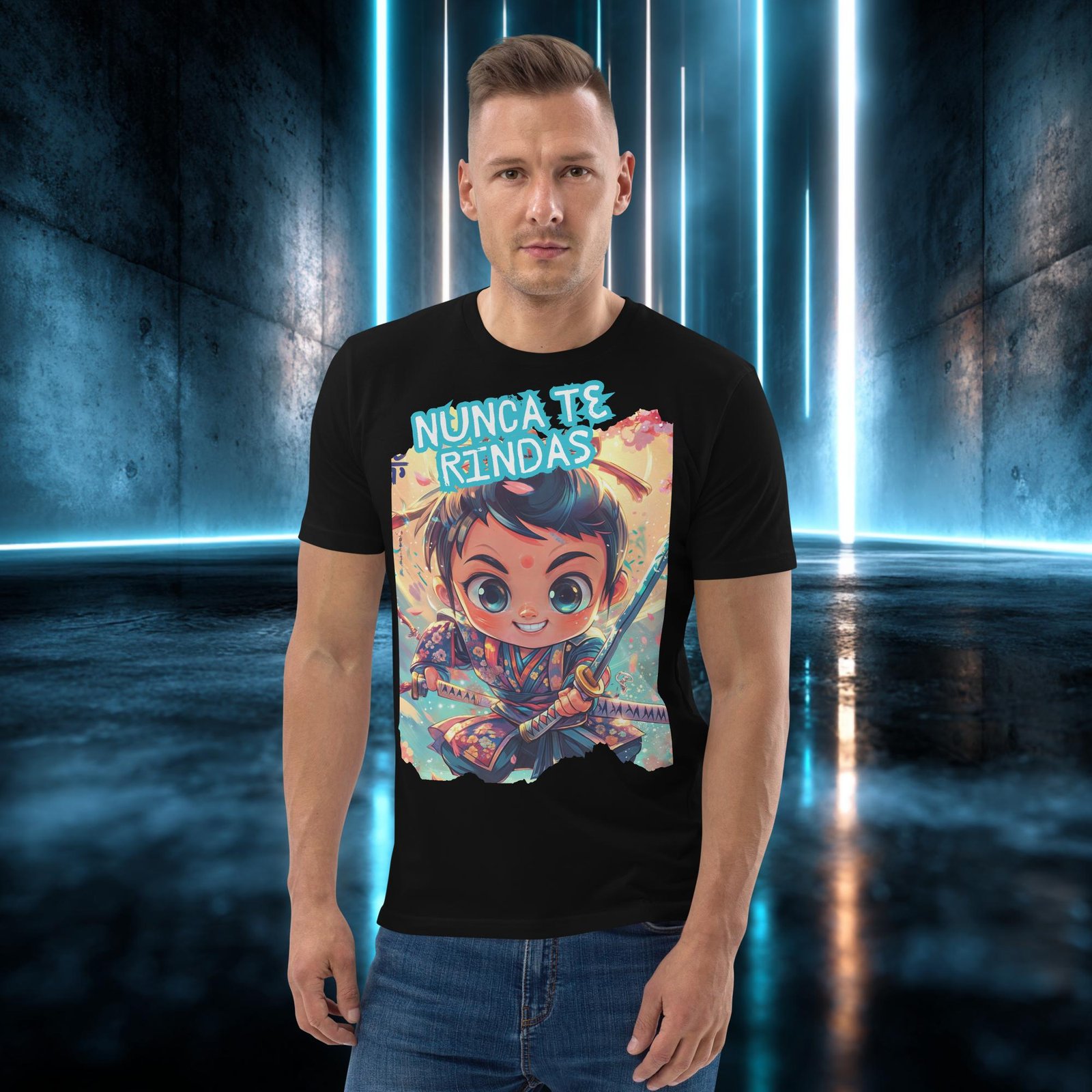 Camiseta orgánica con diseño Nunca Te Rindas — detalle del estampado