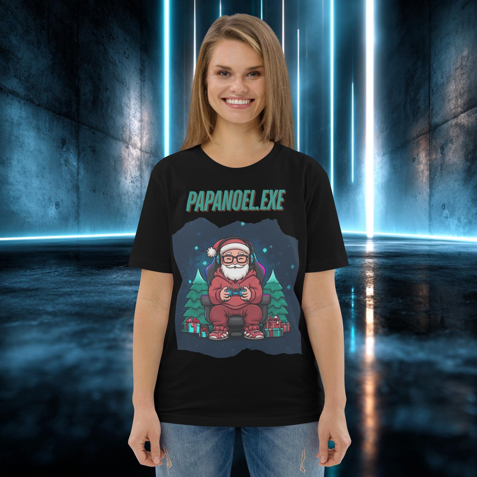 Camiseta orgánica con diseño Papá Noel Punto Exe — detalle del estampado