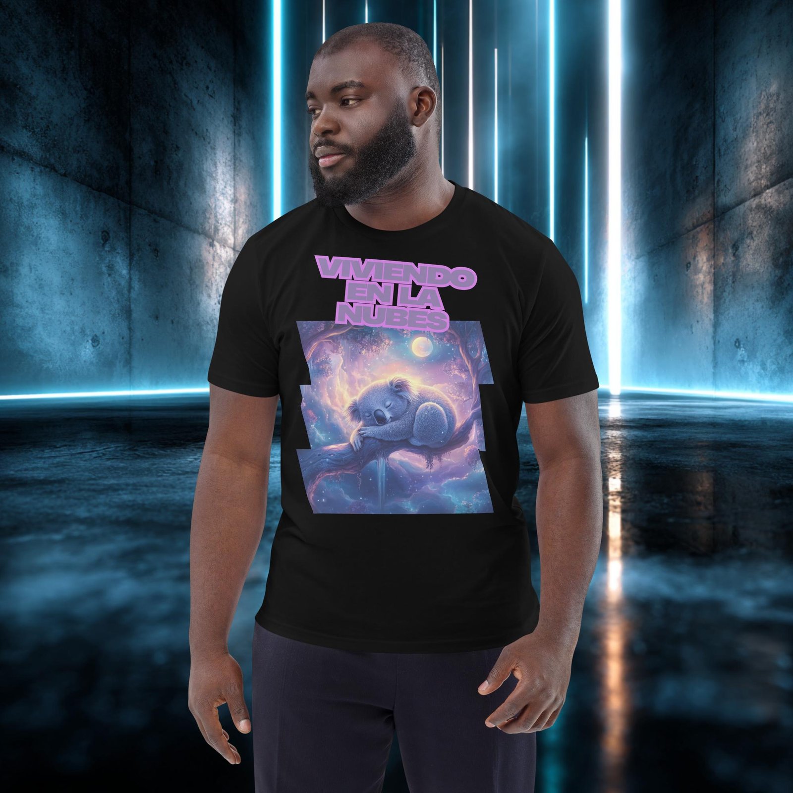 Camiseta orgánica con diseño Viviendo en las Nubes — detalle del estampado