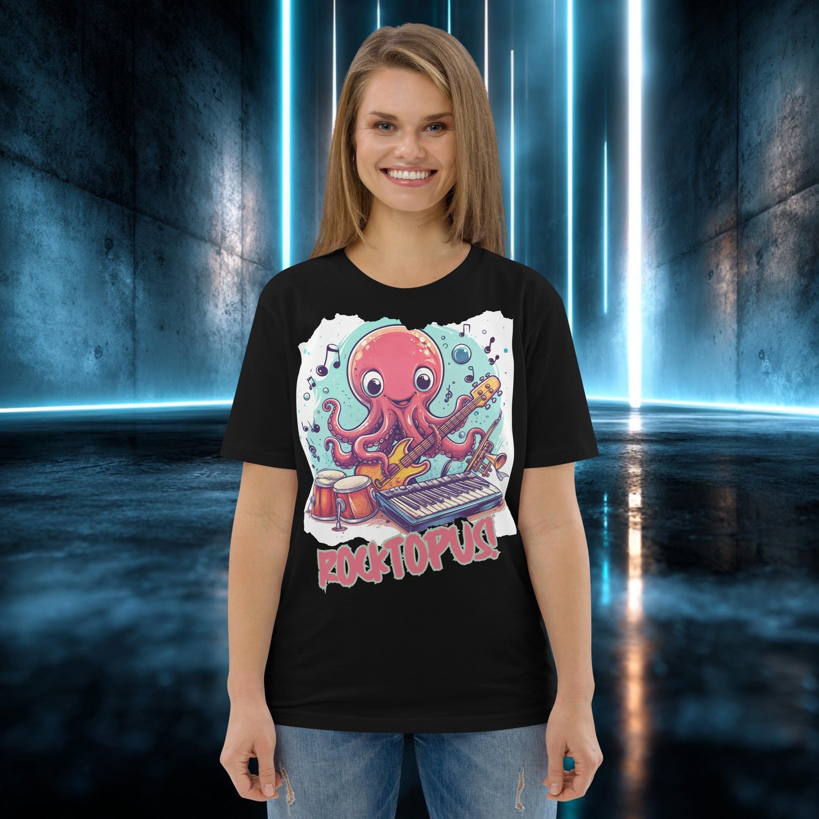 Camiseta orgánica con diseño Pulpo Rockero — detalle del estampado