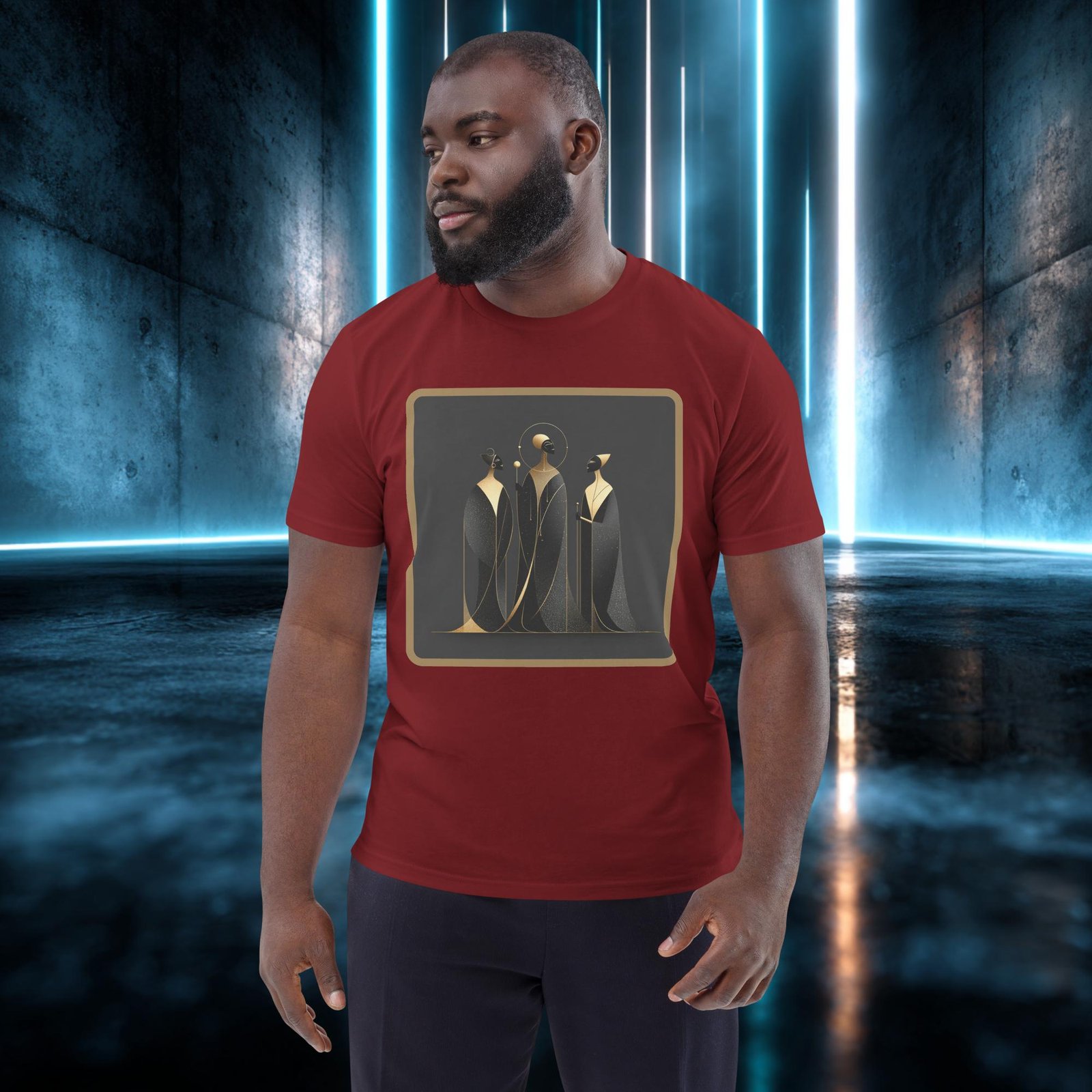 Camiseta orgánica con diseño Tres Siluetas de Oro — color 8