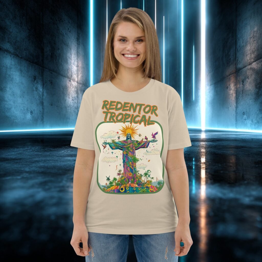 Camiseta orgánica con diseño Redentor Tropical