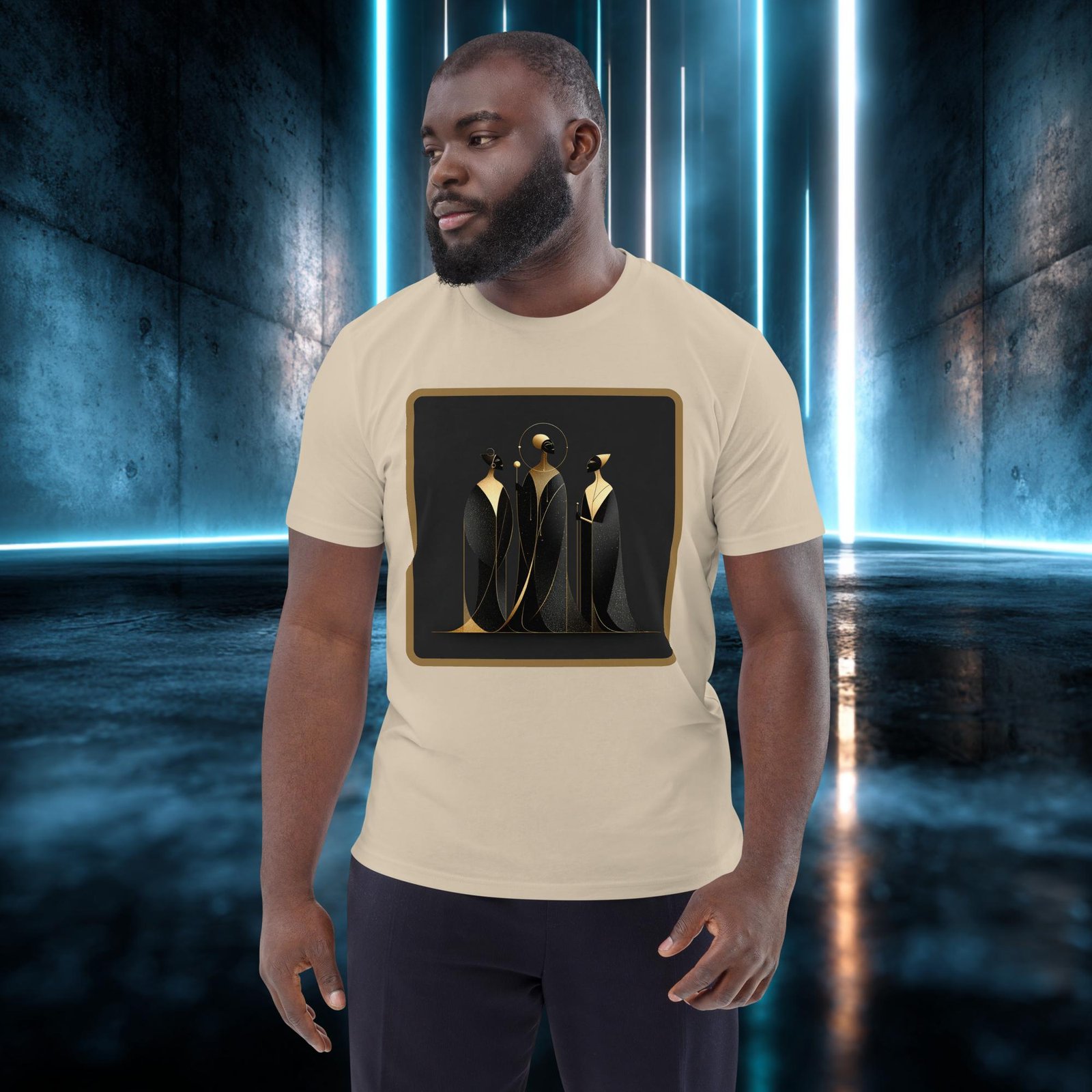 Camiseta orgánica con diseño Tres Siluetas de Oro — color 6