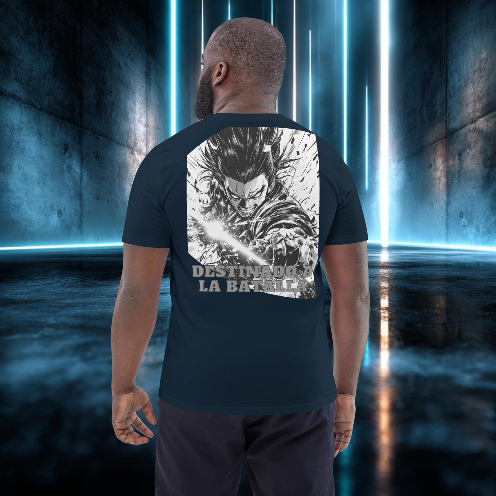 Camiseta orgánica con diseño Destinado a la Batalla — detalle del estampado