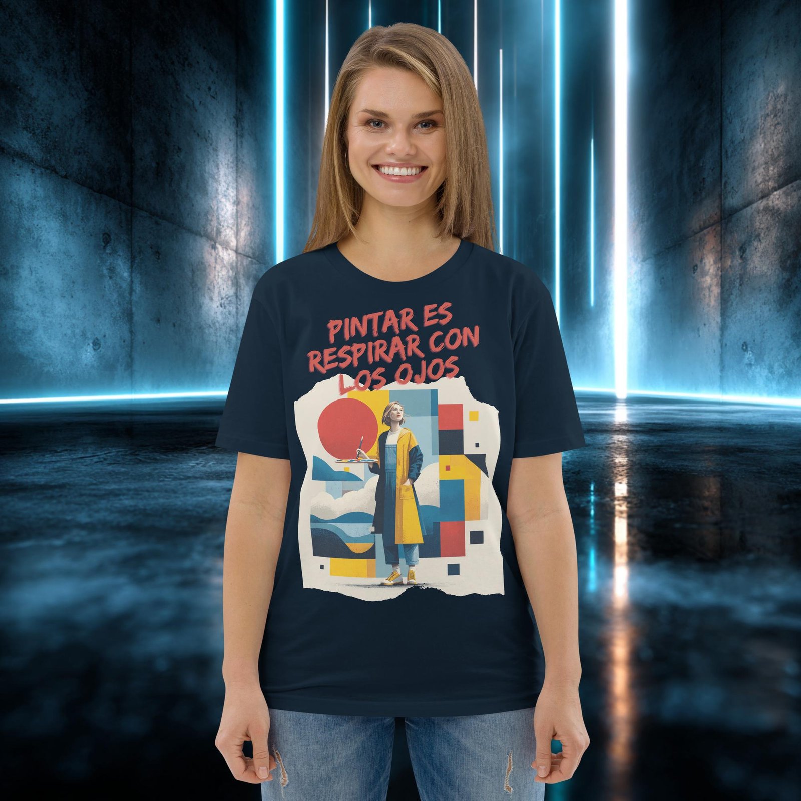 Camiseta orgánica con diseño Pintar Es Respirar con los Ojos — detalle del estampado