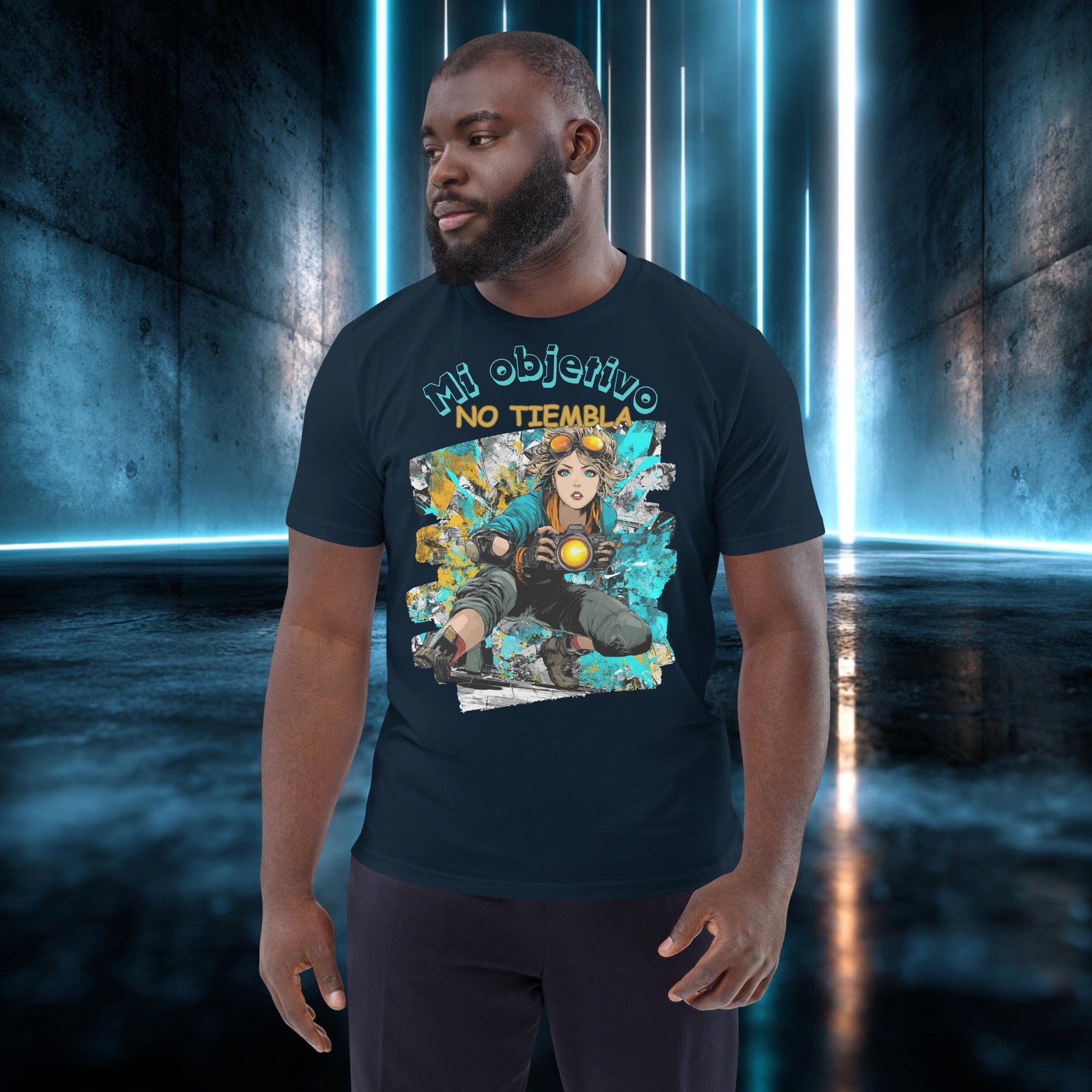 Camiseta orgánica con diseño Mi Objetivo No Tiembla — detalle del estampado