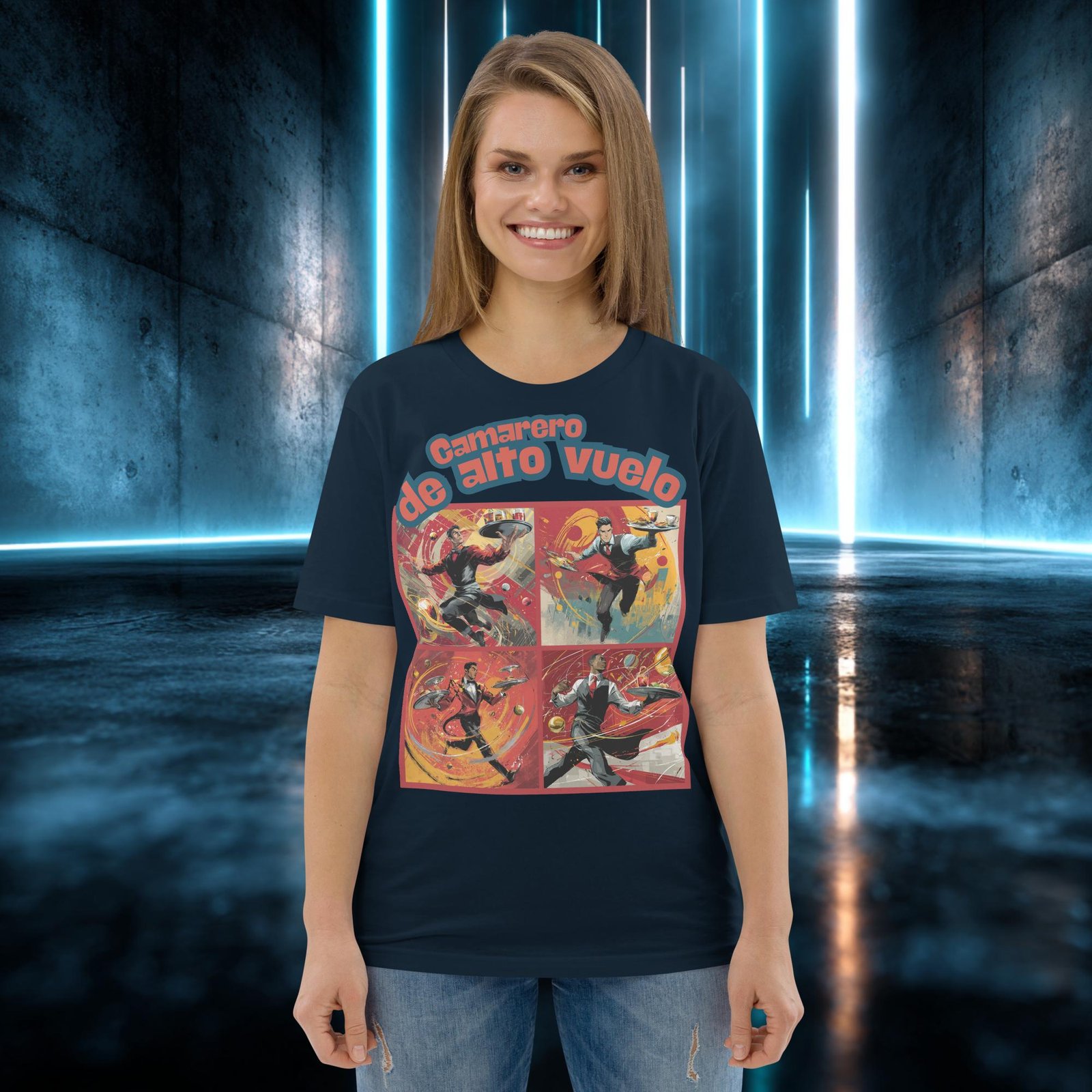 Camiseta orgánica con diseño Camarero de Alto Vuelo — detalle del estampado