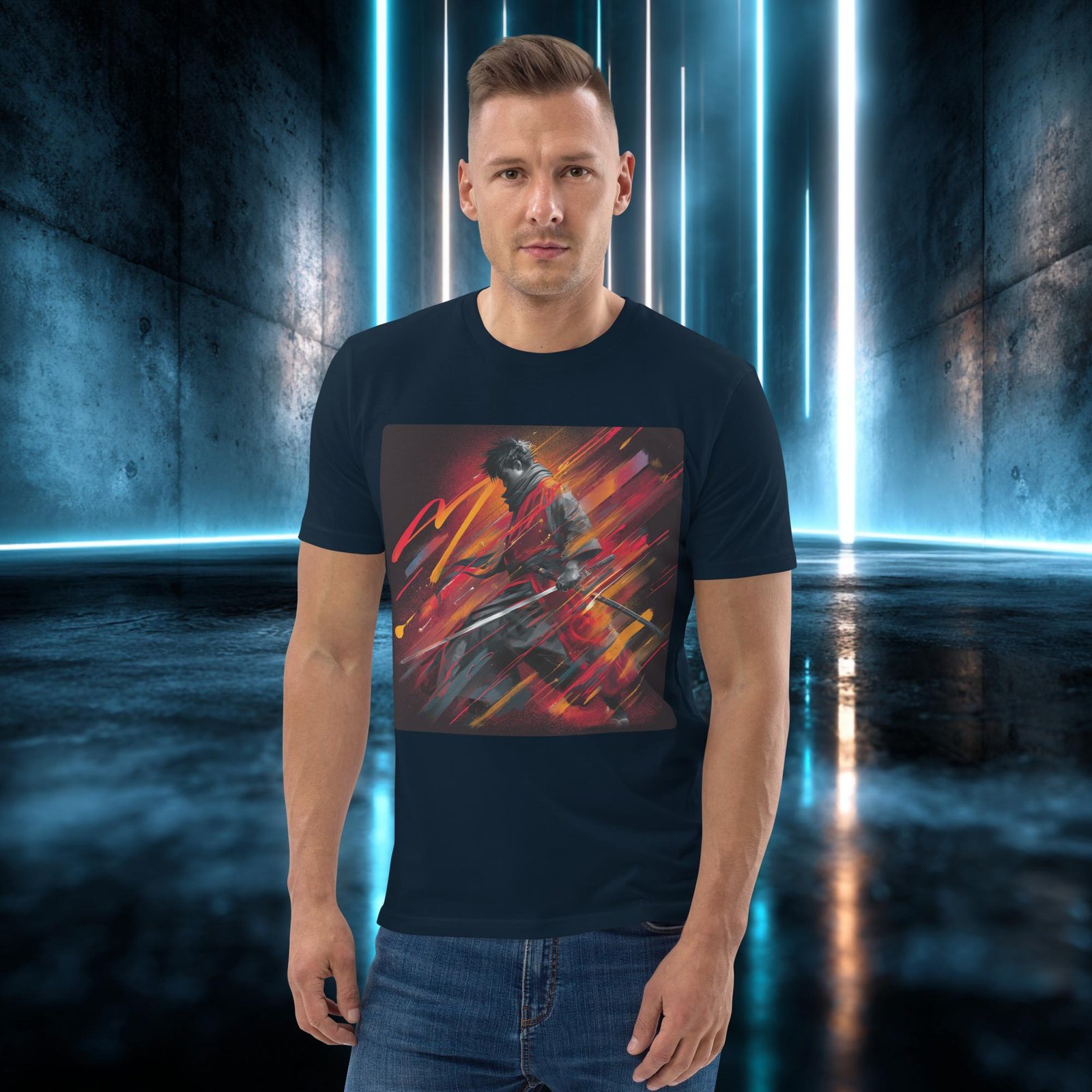 Camiseta orgánica con diseño Trazo de Acero — detalle del estampado