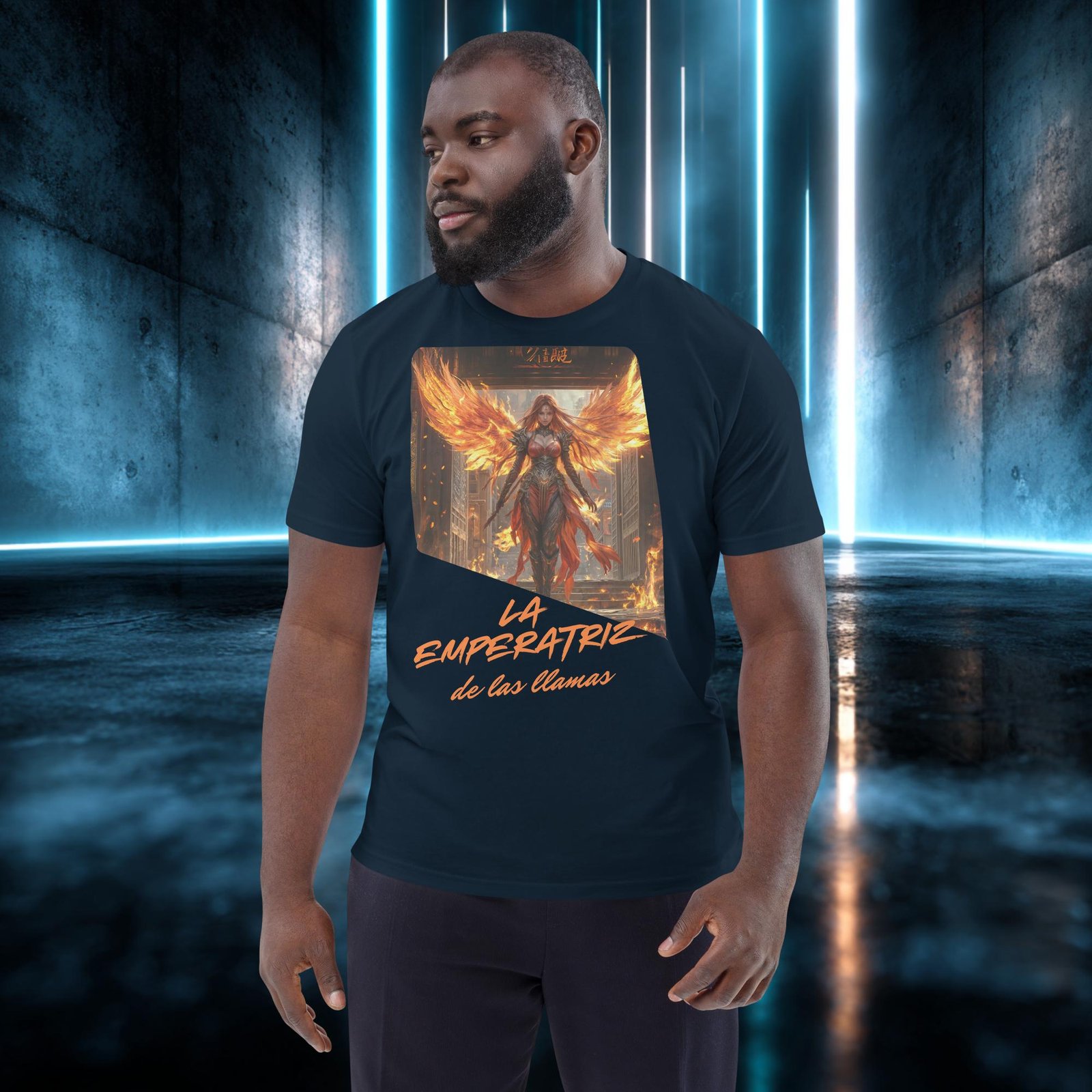 Camiseta orgánica con diseño La Emperatriz de las Llamas — detalle del estampado