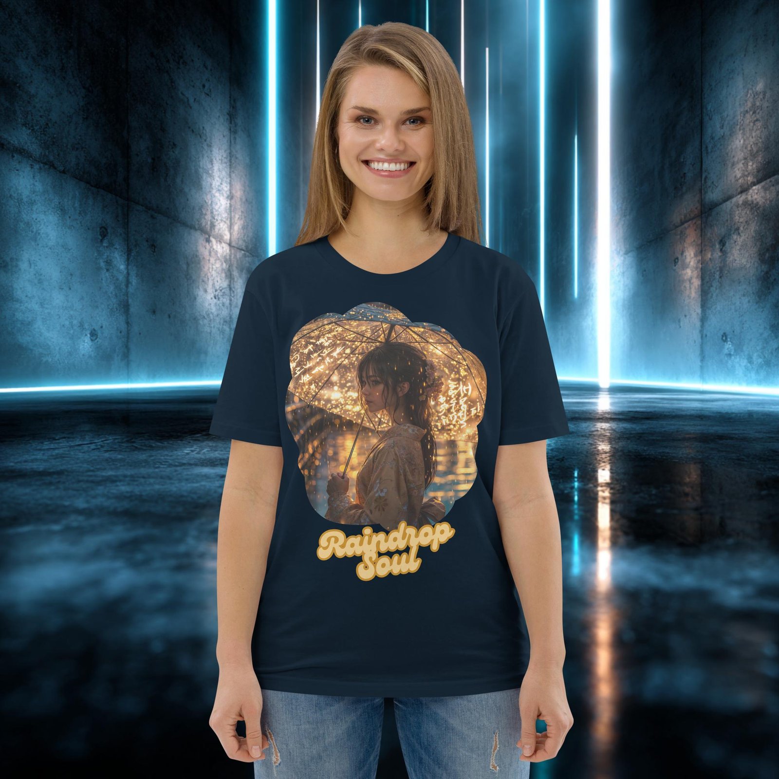 Camiseta orgánica con diseño Alma de Lluvia — detalle del estampado