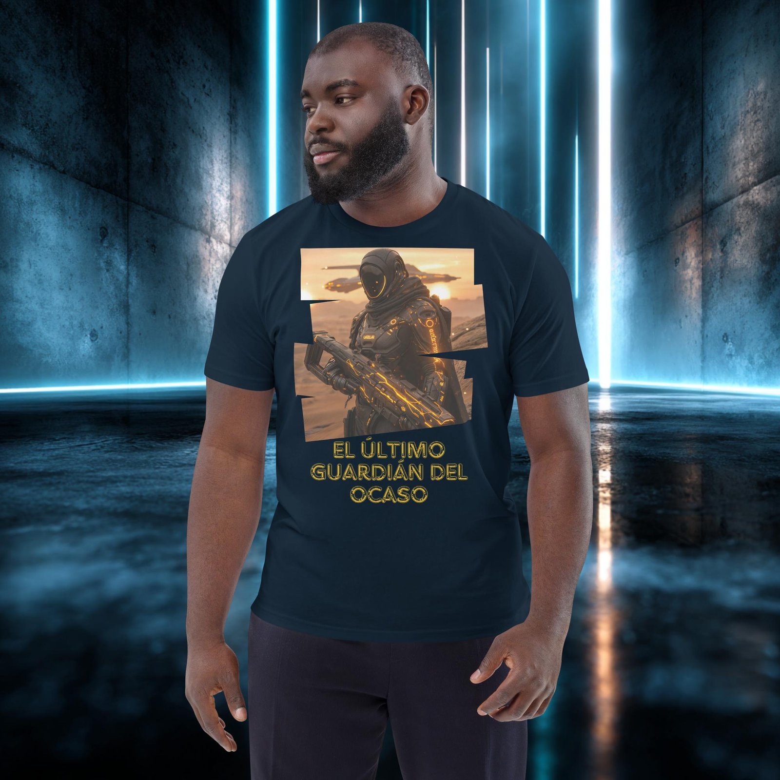 Camiseta orgánica con diseño El Último Guardián del Ocaso — detalle del estampado