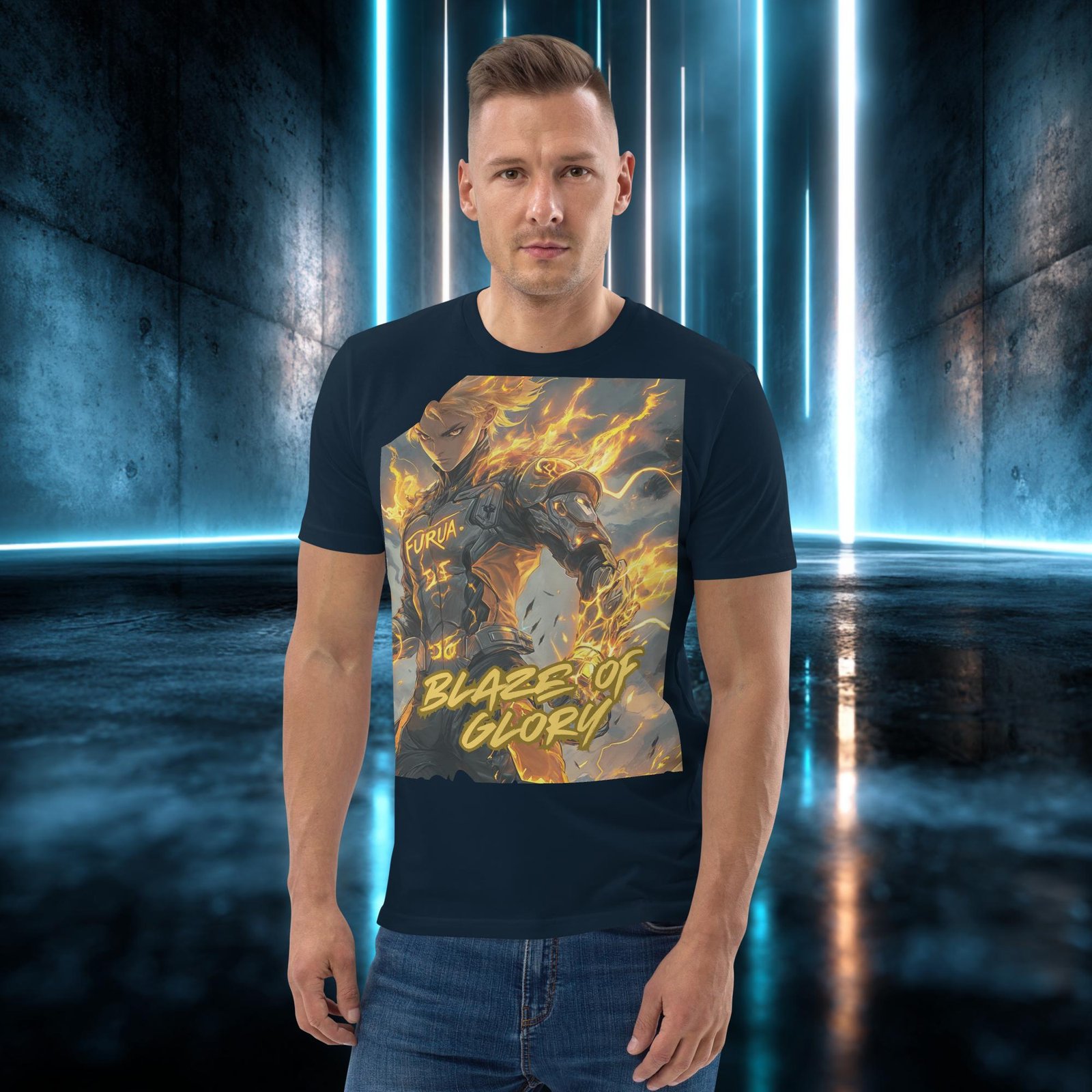 Camiseta orgánica con diseño Llamarada de Gloria — detalle del estampado