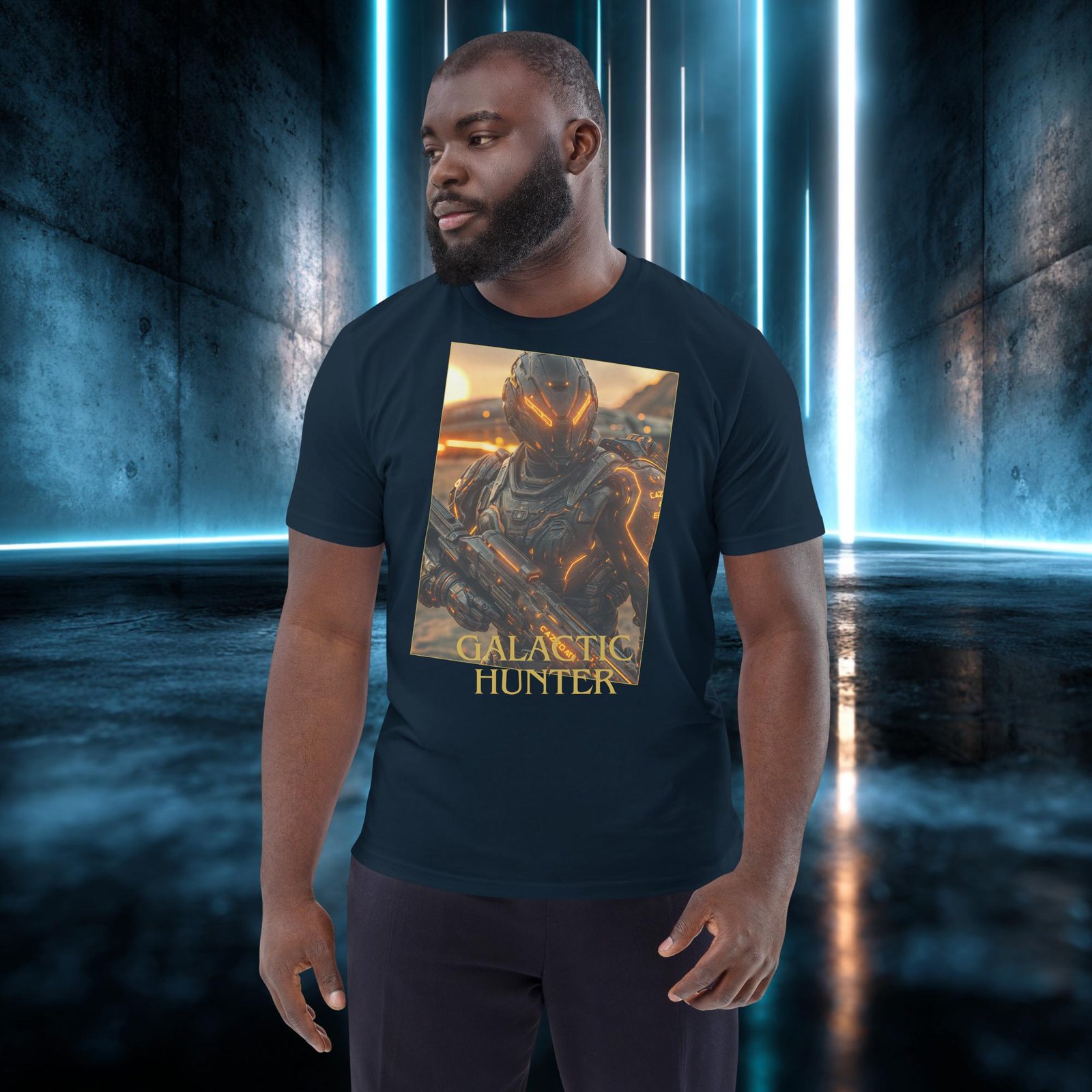 Camiseta orgánica con diseño Cazador Galáctico — detalle del estampado