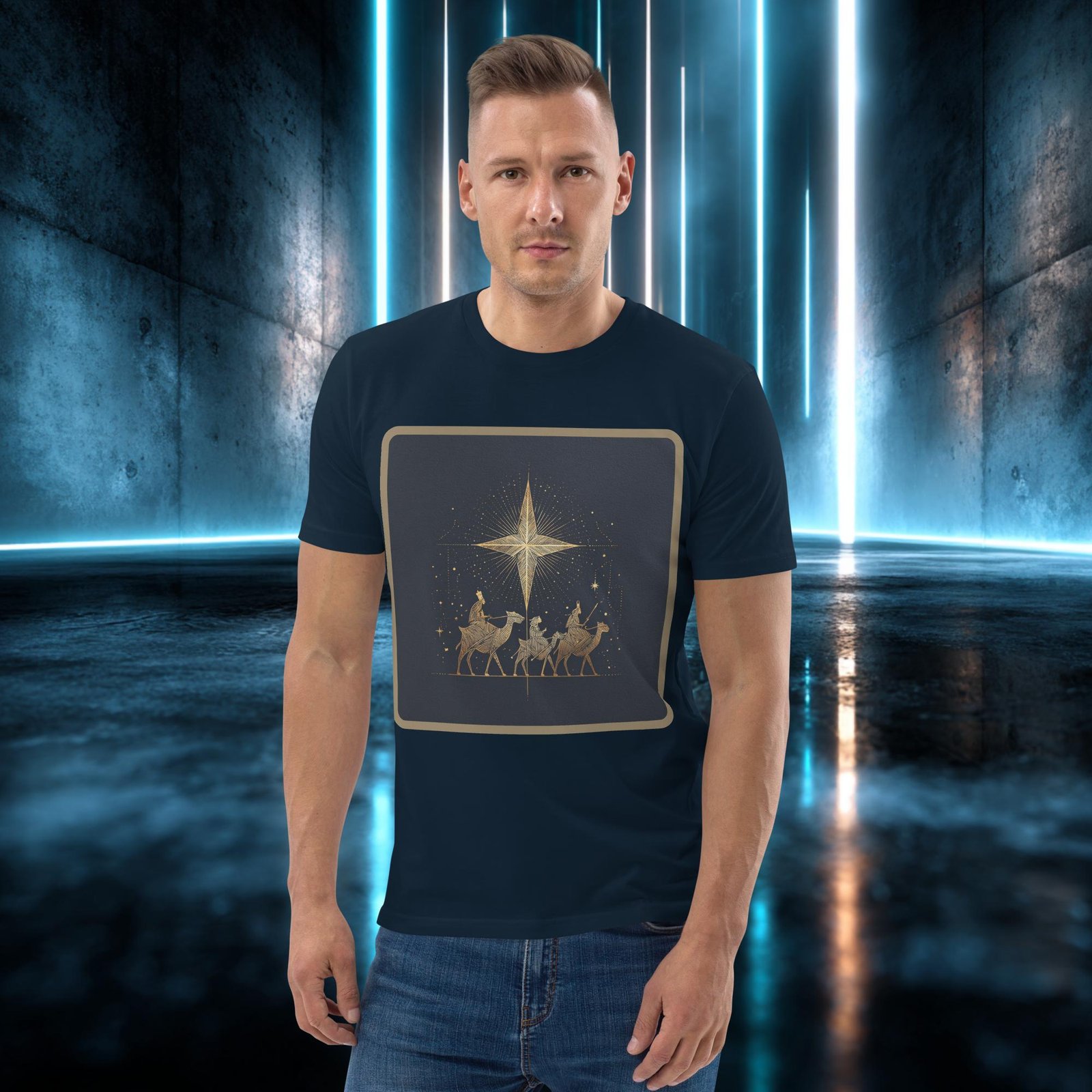Camiseta orgánica con diseño Caravana Dorada — detalle del estampado