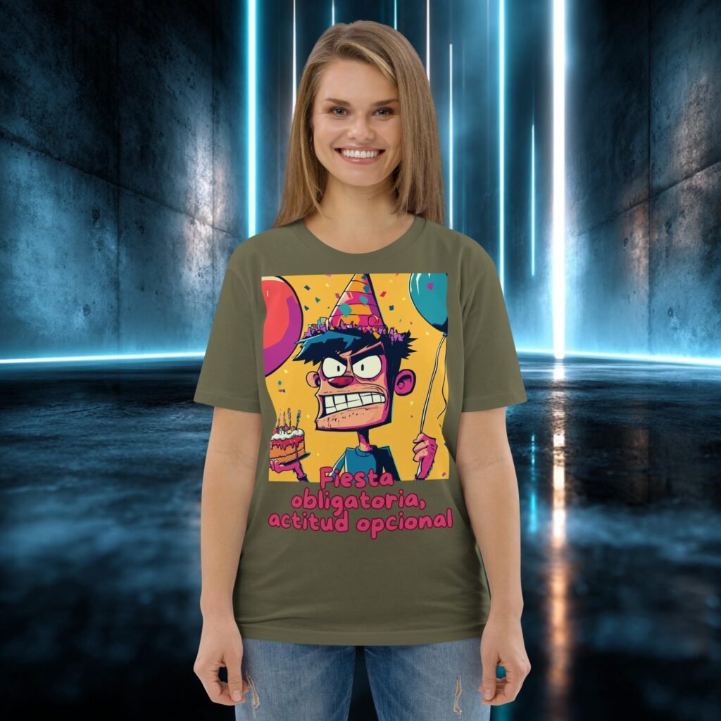 Camiseta orgánica con diseño Fiesta Obligatoria, Actitud Opcional