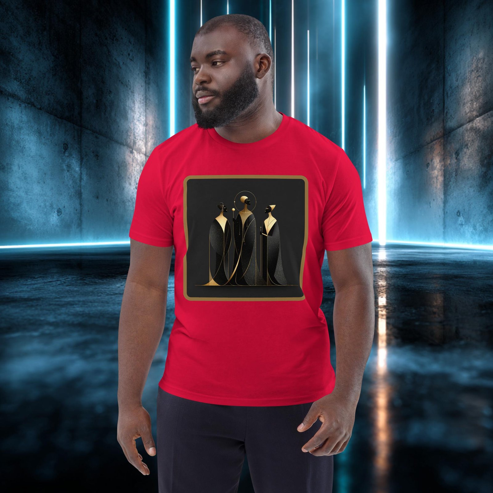 Camiseta orgánica con diseño Tres Siluetas de Oro — color 3