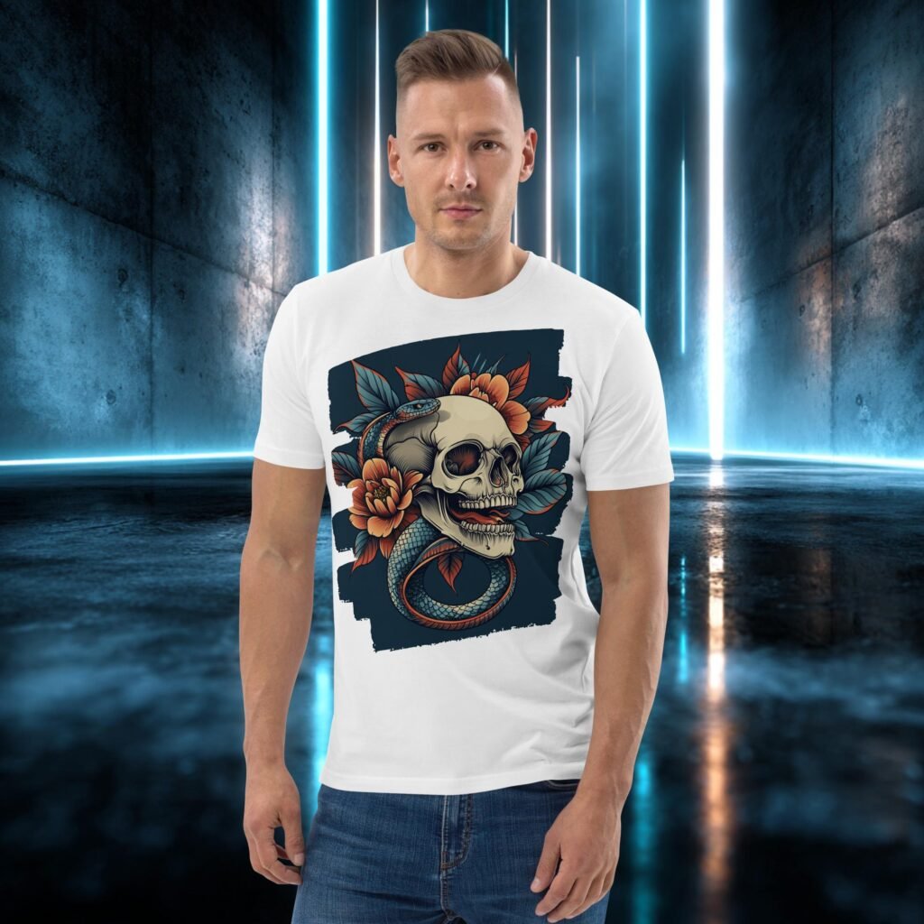 Camiseta orgánica con diseño Calavera entre Peonías