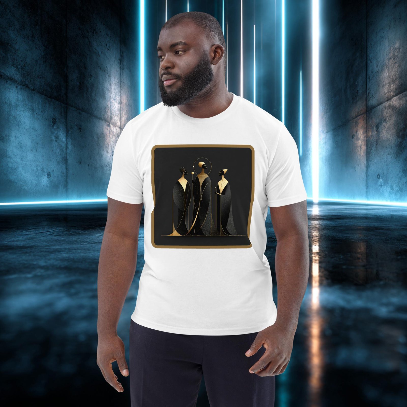 Camiseta orgánica con diseño Tres Siluetas de Oro — color 4
